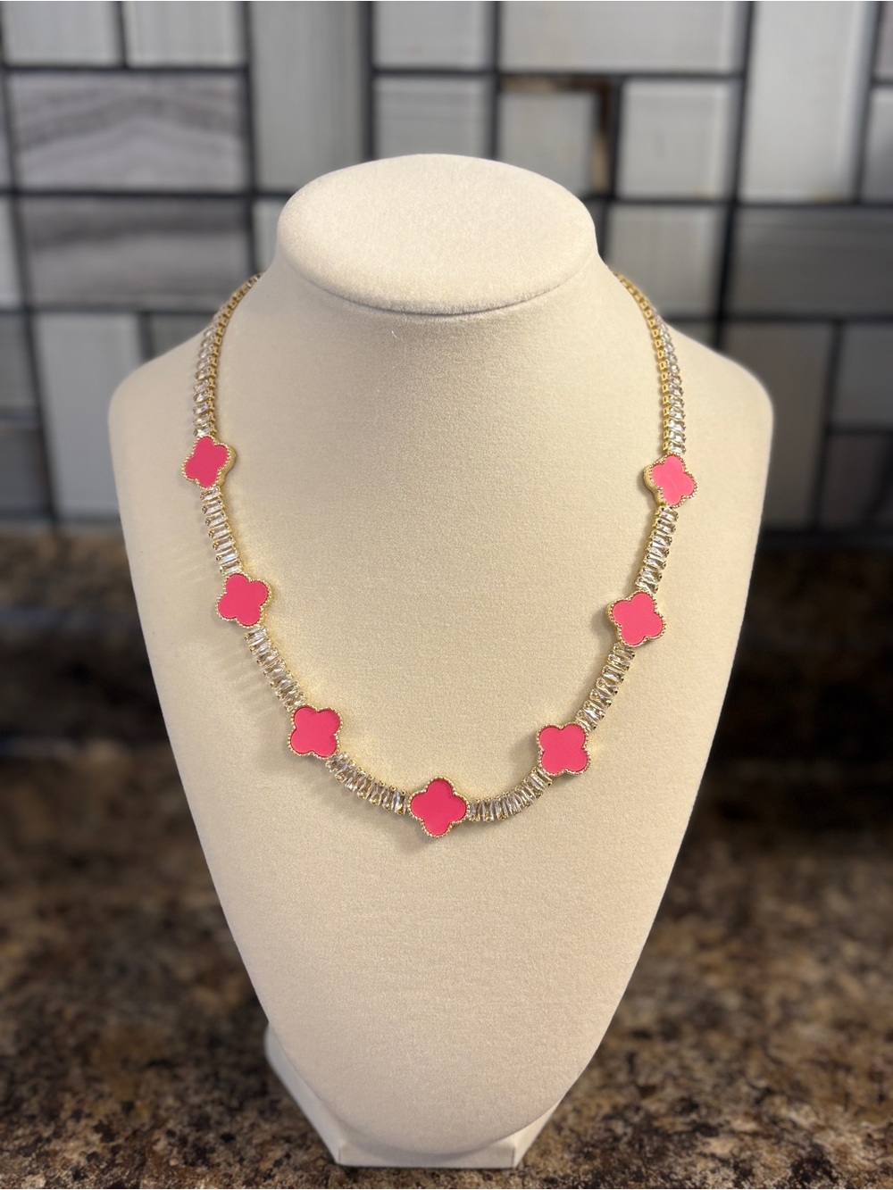Gold Chain Necklace with Pink Clover Accents with earrings lamination